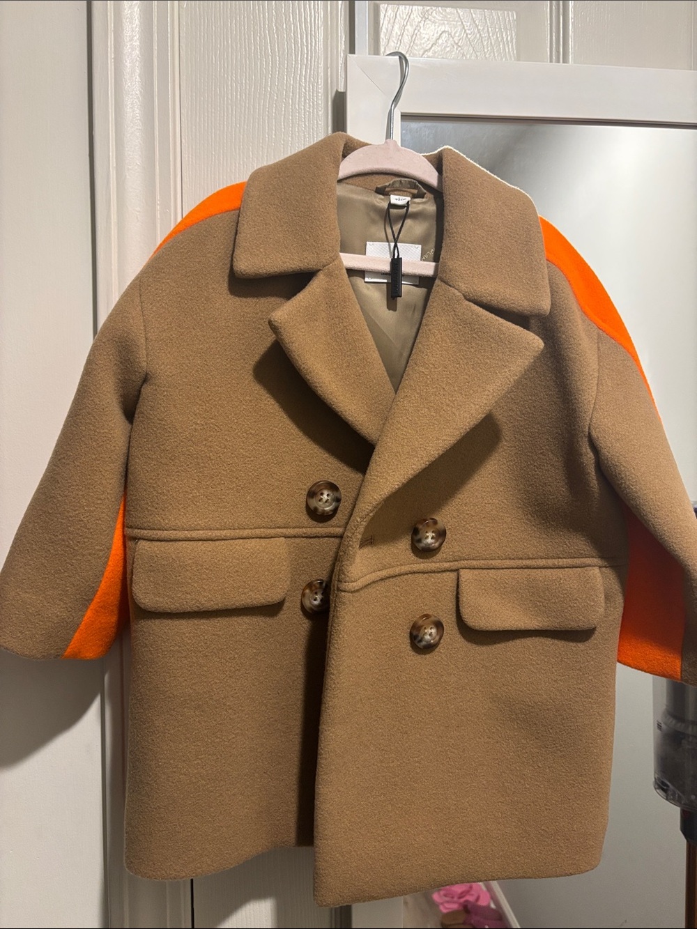 Unisex Burberry Camel Pea Coat with Orange Shoulder Panels